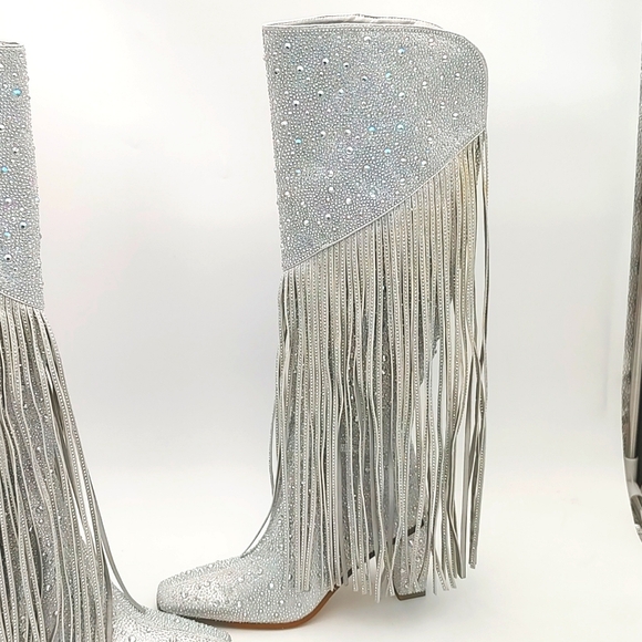 Women's Silver Fringe Rhinestone Cowboy Boots Silver 7 - Picture 3 of 16